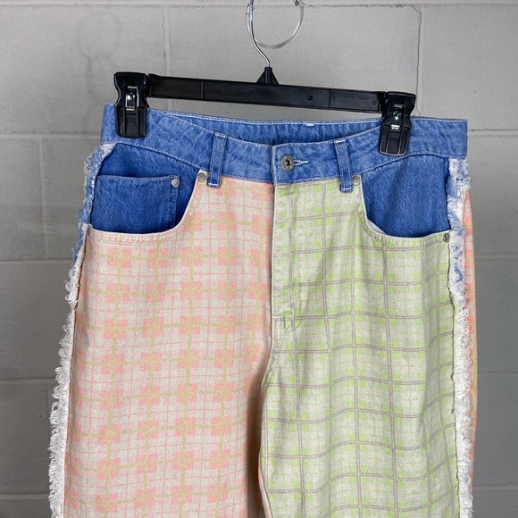 NEW Ragged Priest Multicolor Patchwork‎ Check Wide Leg Jeans Size 28 Fringe Boho - Picture 4 of 12